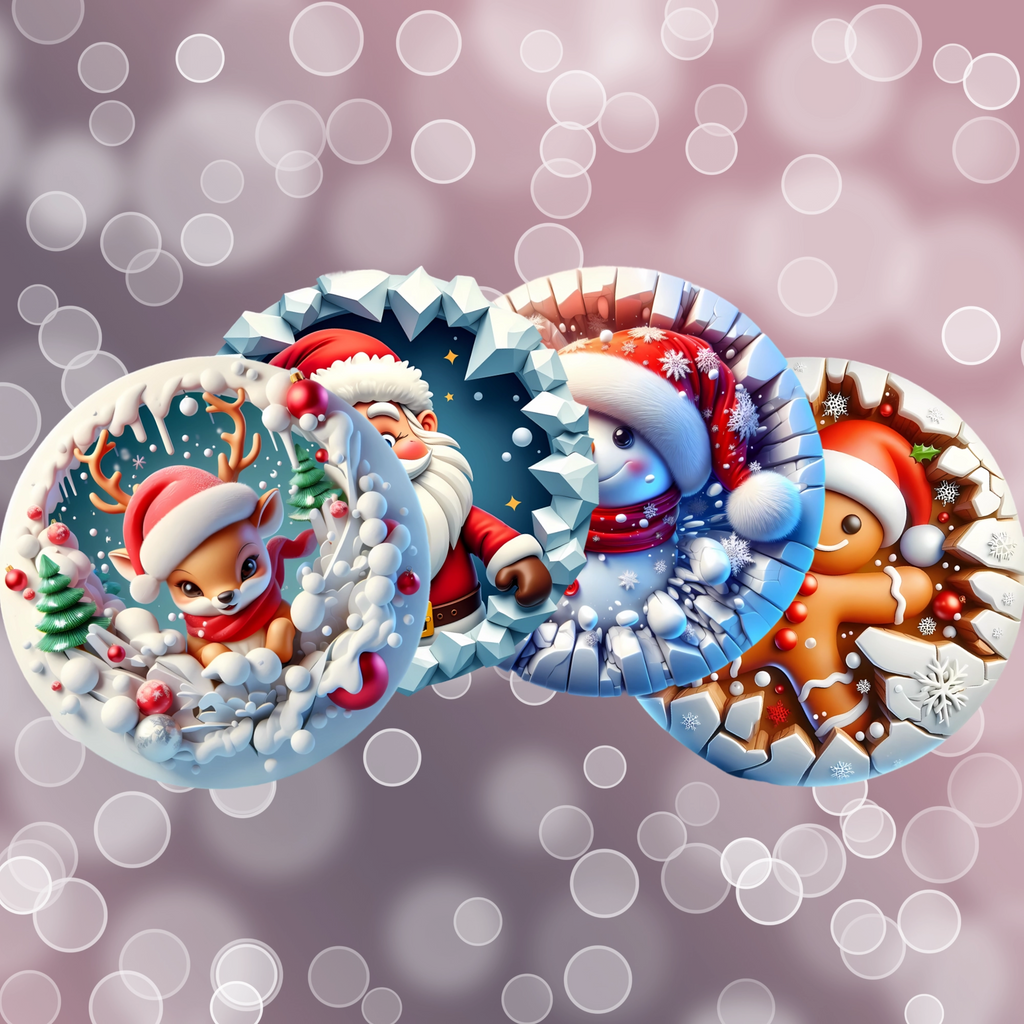 Four Christmas-themed coasters with Santa Claus, reindeer, snowman and gingerbread man on a blurred bokeh background.