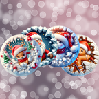 Four Christmas-themed coasters with Santa Claus, reindeer, snowman and gingerbread man on a blurred bokeh background.