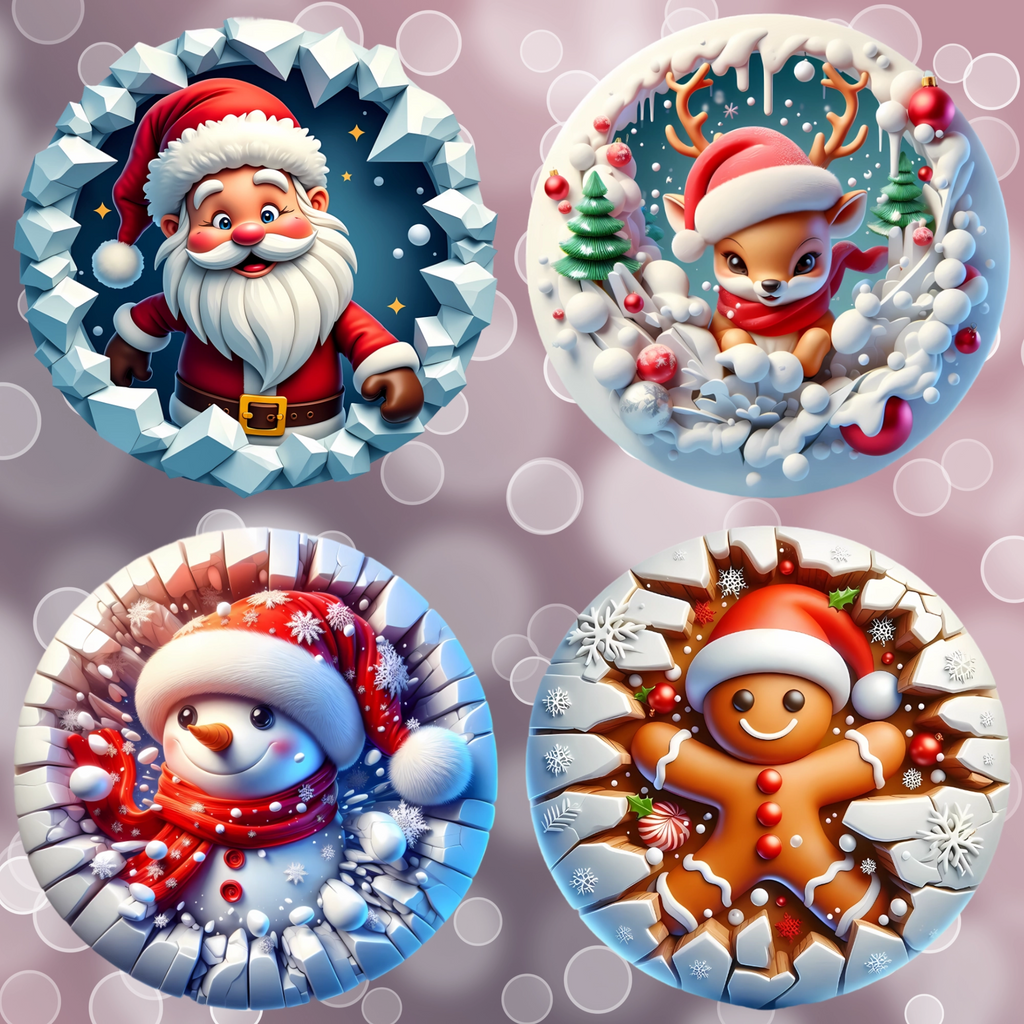 Four festive illustrations of Santa Claus, a reindeer, a snowman, and a gingerbread man on a decorative background.