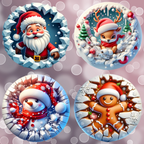 Four festive illustrations of Santa Claus, a reindeer, a snowman, and a gingerbread man on a decorative background.