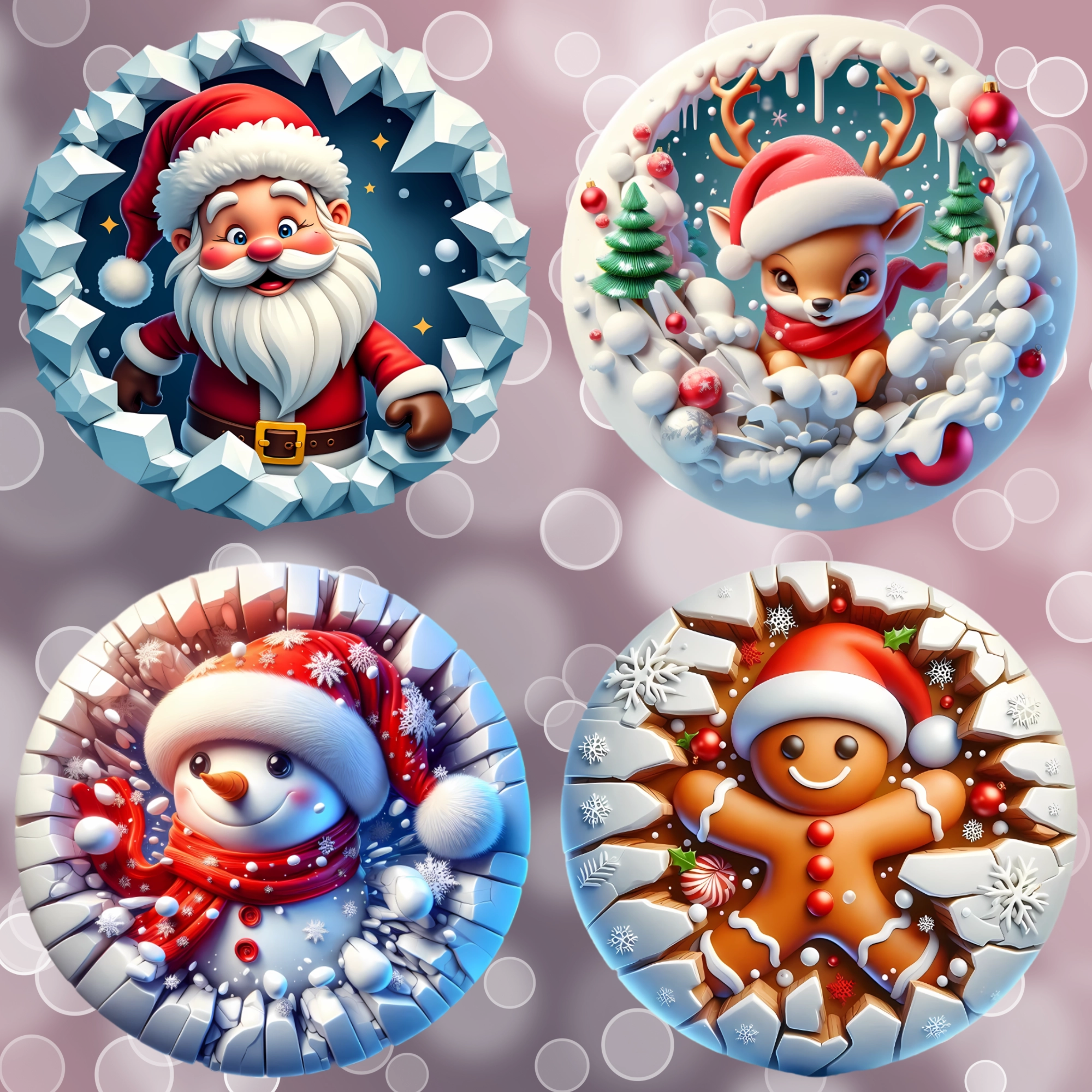 Four festive illustrations of Santa Claus, a reindeer, a snowman, and a gingerbread man on a decorative background.