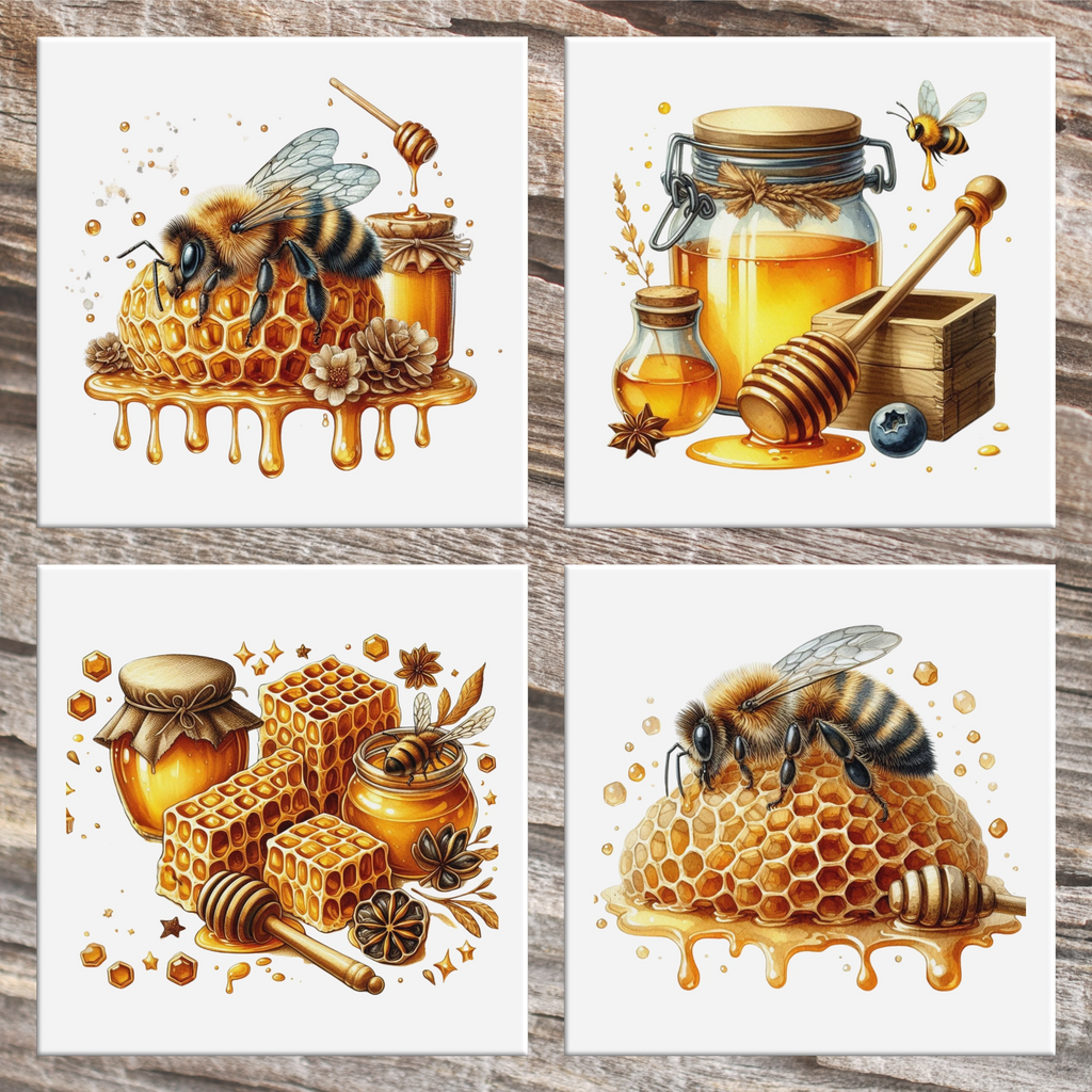 Four ceramic coasters with a honey bee design on a wooden background