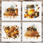 Four ceramic coasters with a honey bee design on a wooden background