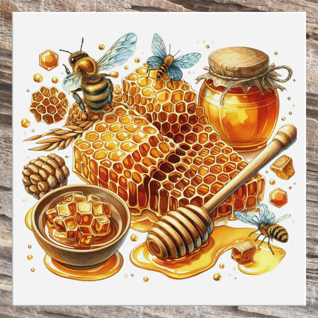 Ceramic trivet depicting bees, honey jar, and honeycomb with honey dipper on a wooden surface.