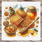 Ceramic trivet depicting bees, honey jar, and honeycomb with honey dipper on a wooden surface.