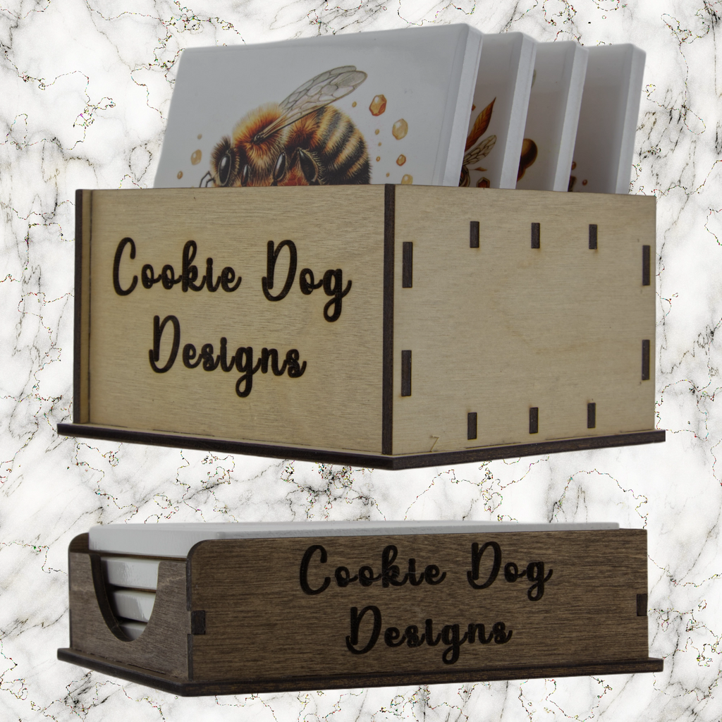 Wooden box with 'Cookie Dog Designs' branding on a marble background