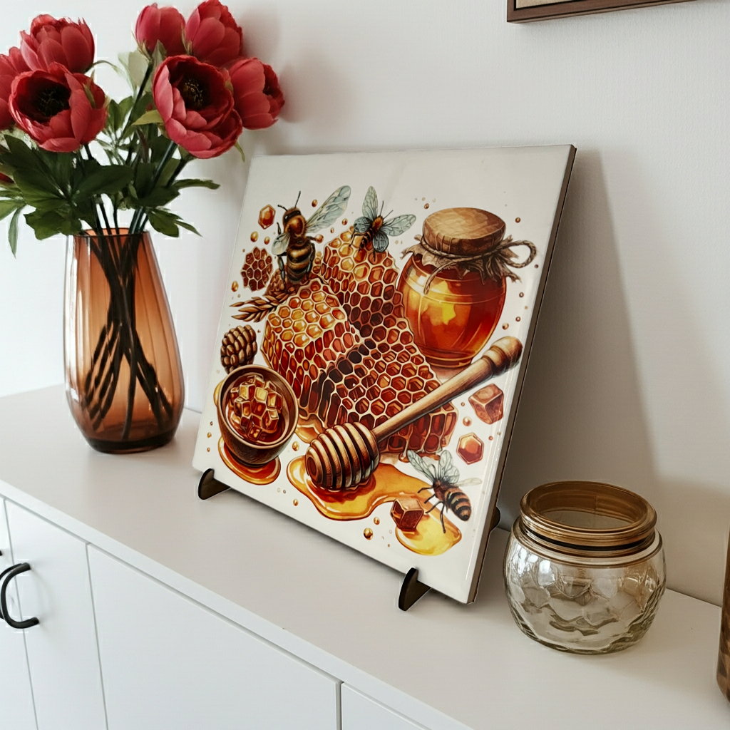 Decorative tile with honey theme on a kitchen counter with flowers and jars.