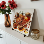 Decorative tile with honey theme on a kitchen counter with flowers and jars.