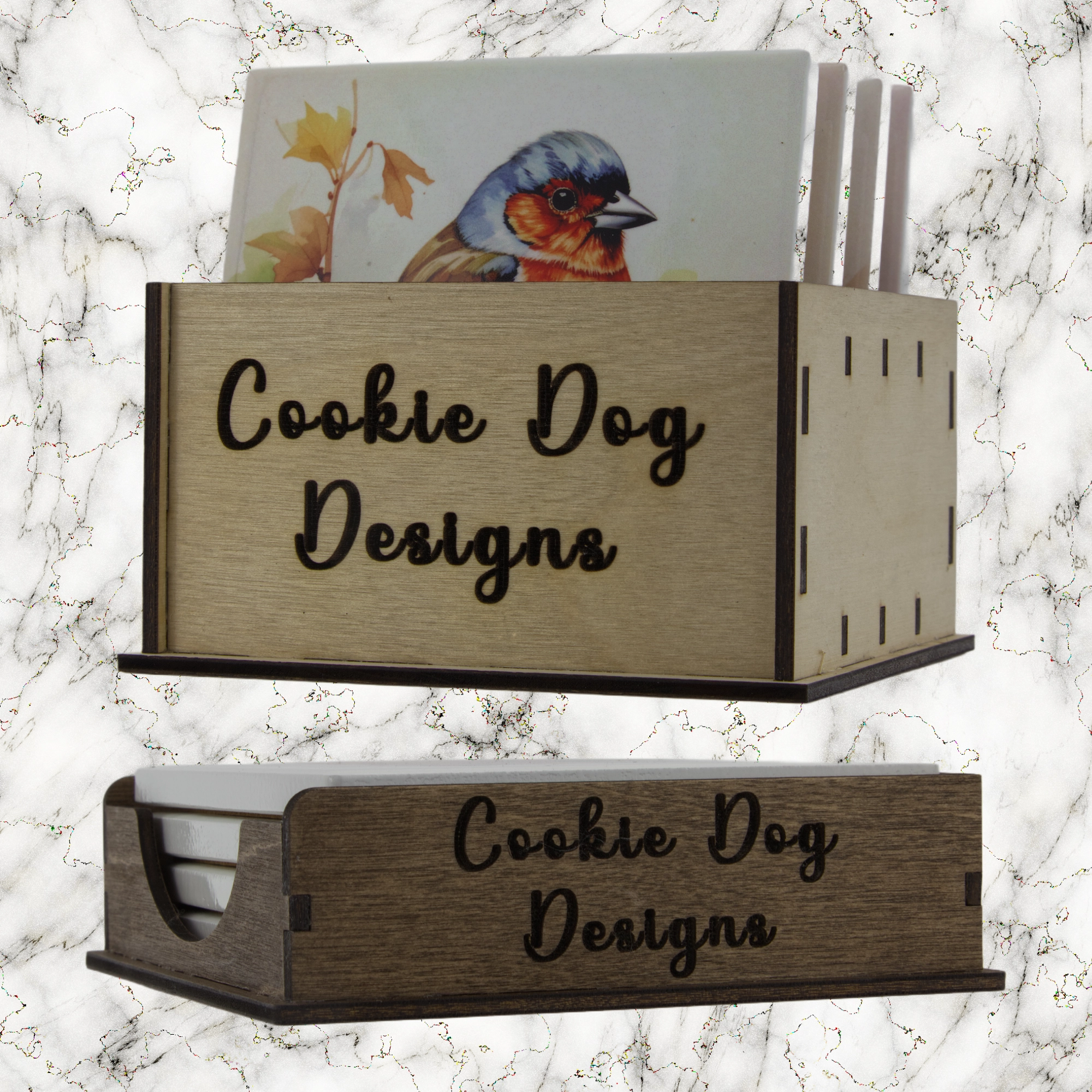 Wooden box with 'Cookie Dog Designs' branding on a marble background