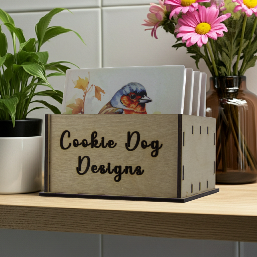 Wooden box containing bird design coasters with 'Cookie Dog Designs' branding on a surface with a plant and flowers in the background.