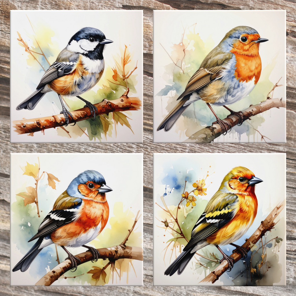 Four watercolor paintings of birds on ceramic coasters on a wooden background