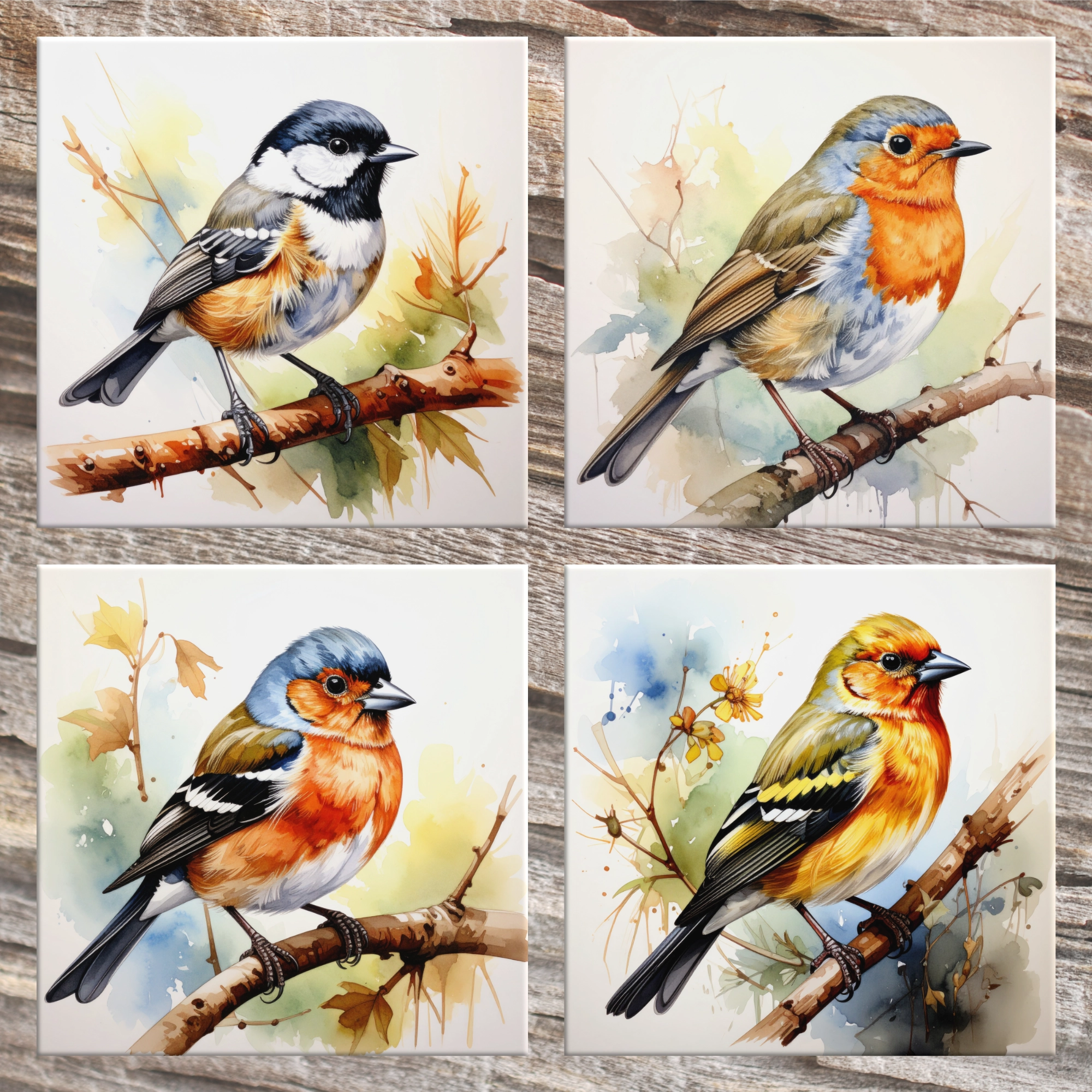 Four watercolor paintings of birds on ceramic coasters on a wooden background