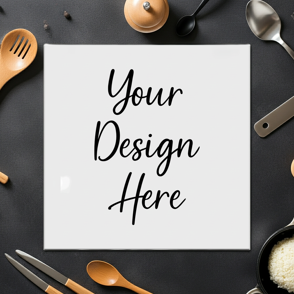 a white ceramic trivet set on a table surrounded by utensils