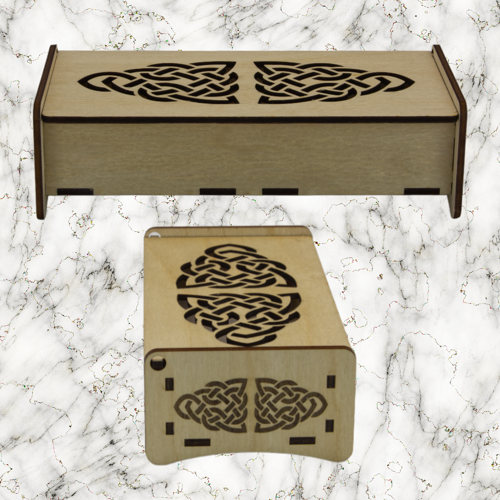 Wooden trinket box with Celtic knot design on a marble background