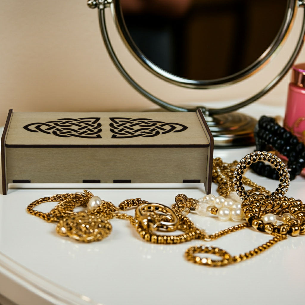 Gold necklace with pearls on a white surface next to a decorative box and mirror.