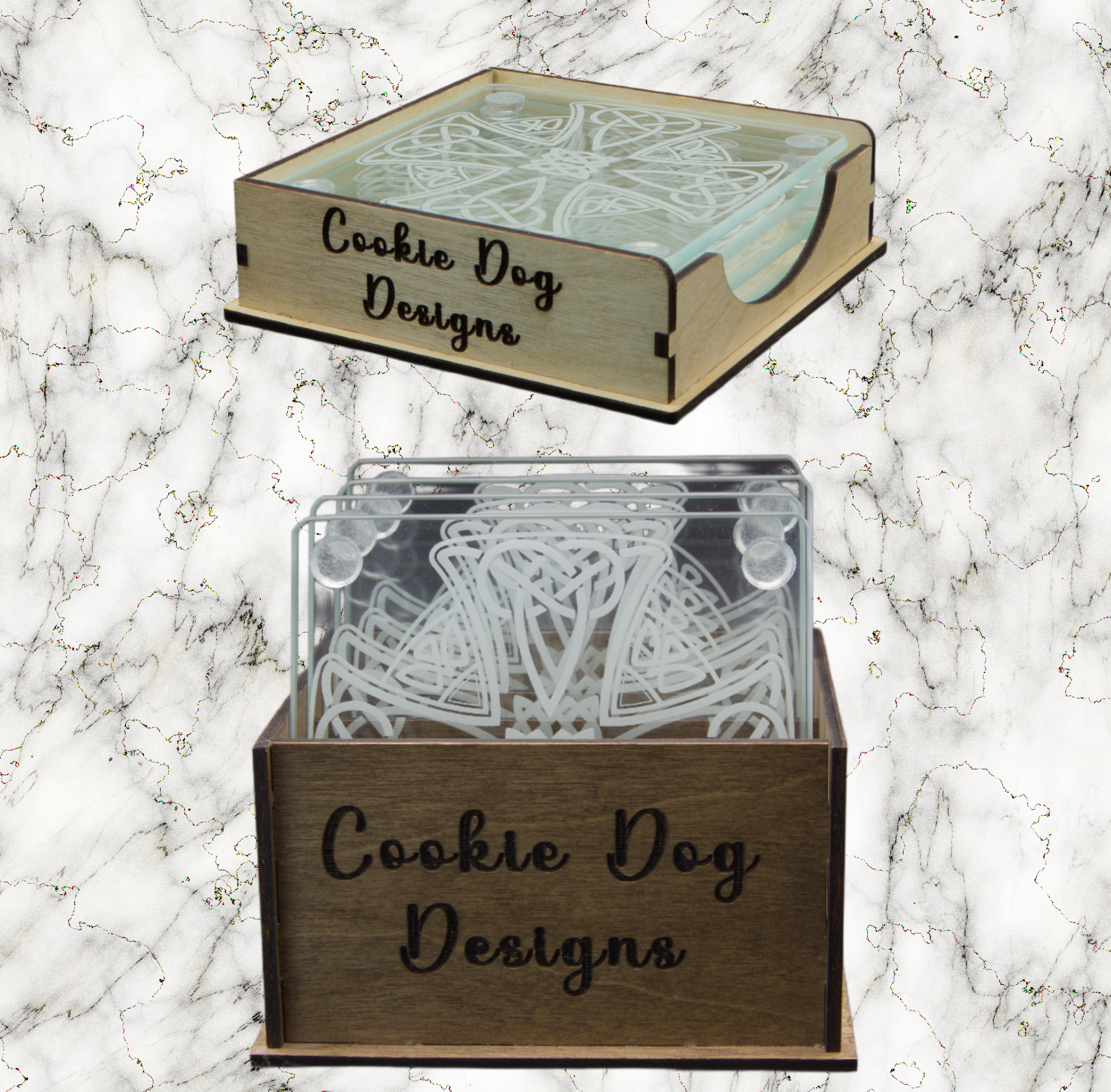 Wooden boxes with 'Cookie Dog Designs' branding containing coasters on a marble background