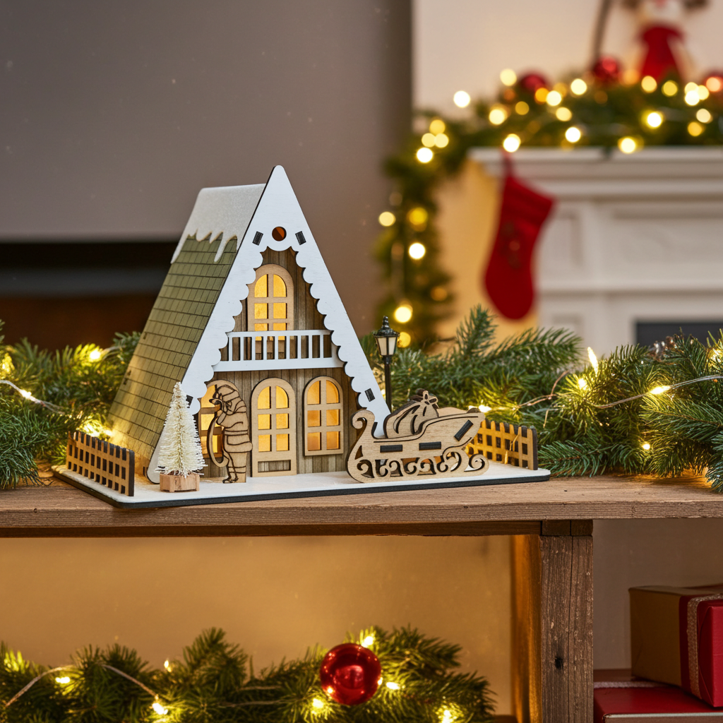 Decorative Christmas house with lights on a mantelpiece with festive decorations.