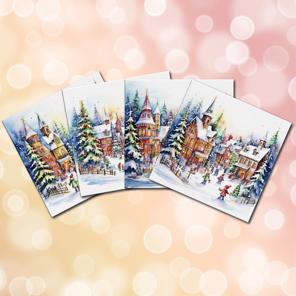 Set of Christmas-themed coasters with a village scene on a blurred bokeh background.