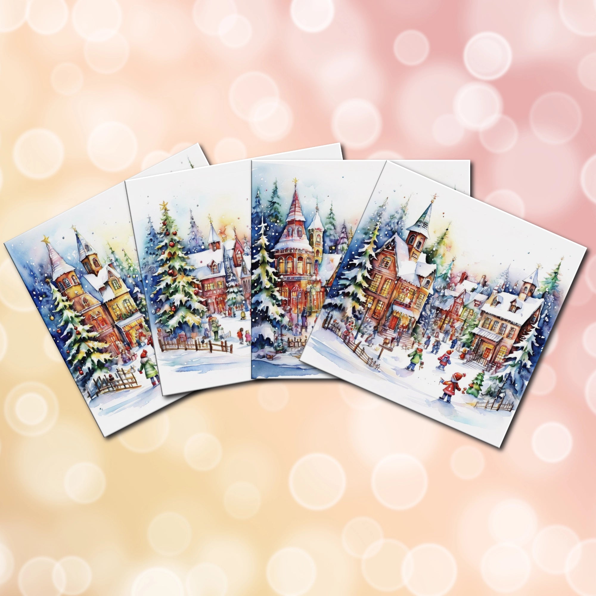 Set of Christmas-themed coasters with a village scene on a blurred bokeh background.