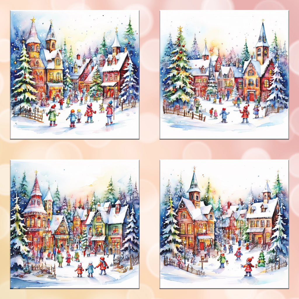 Set of Christmas-themed coasters with a village scene on a blurred bokeh background.