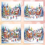 Set of Christmas-themed coasters with a village scene on a blurred bokeh background.