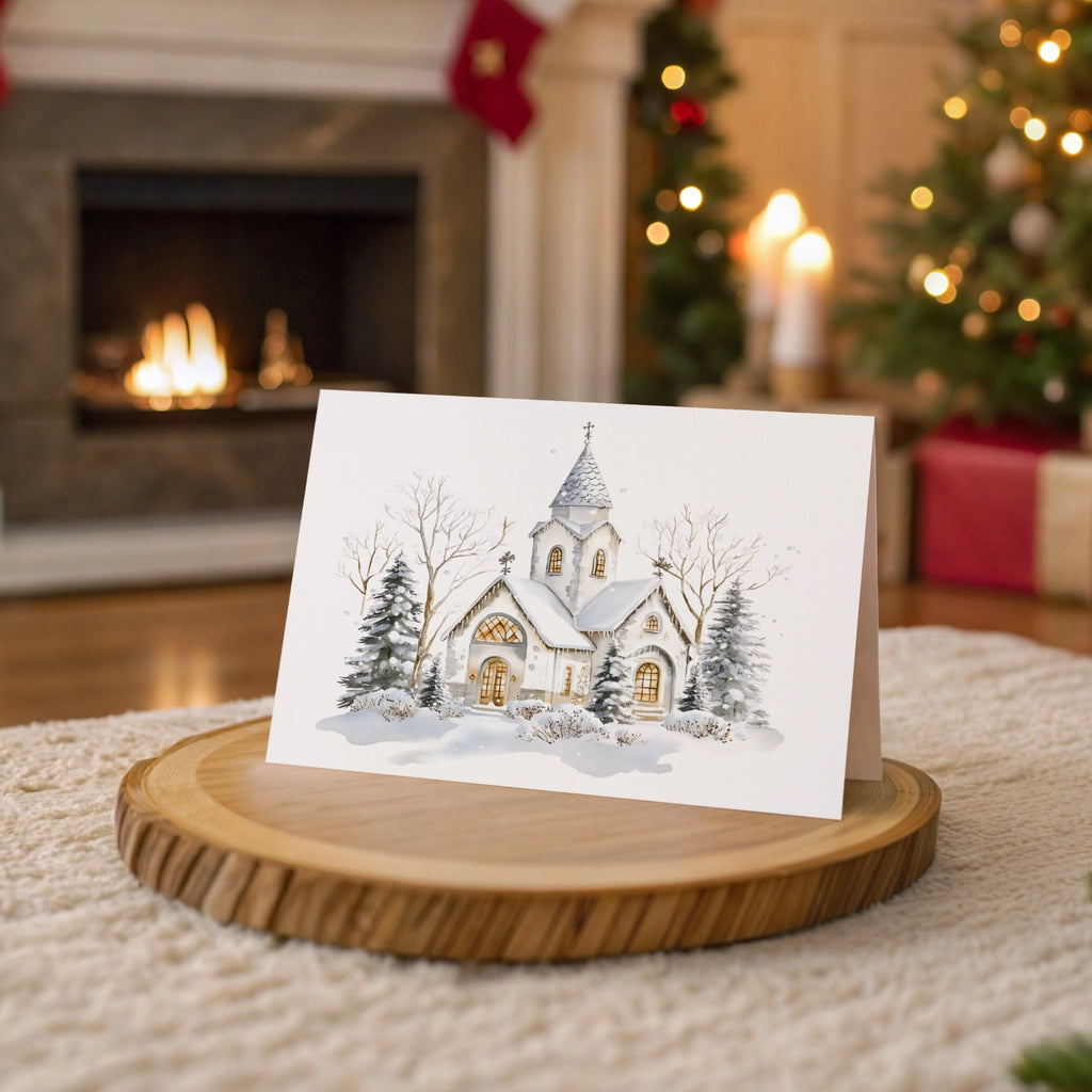 Christmas card with a snowy church scene on a wooden stand in a festive room.