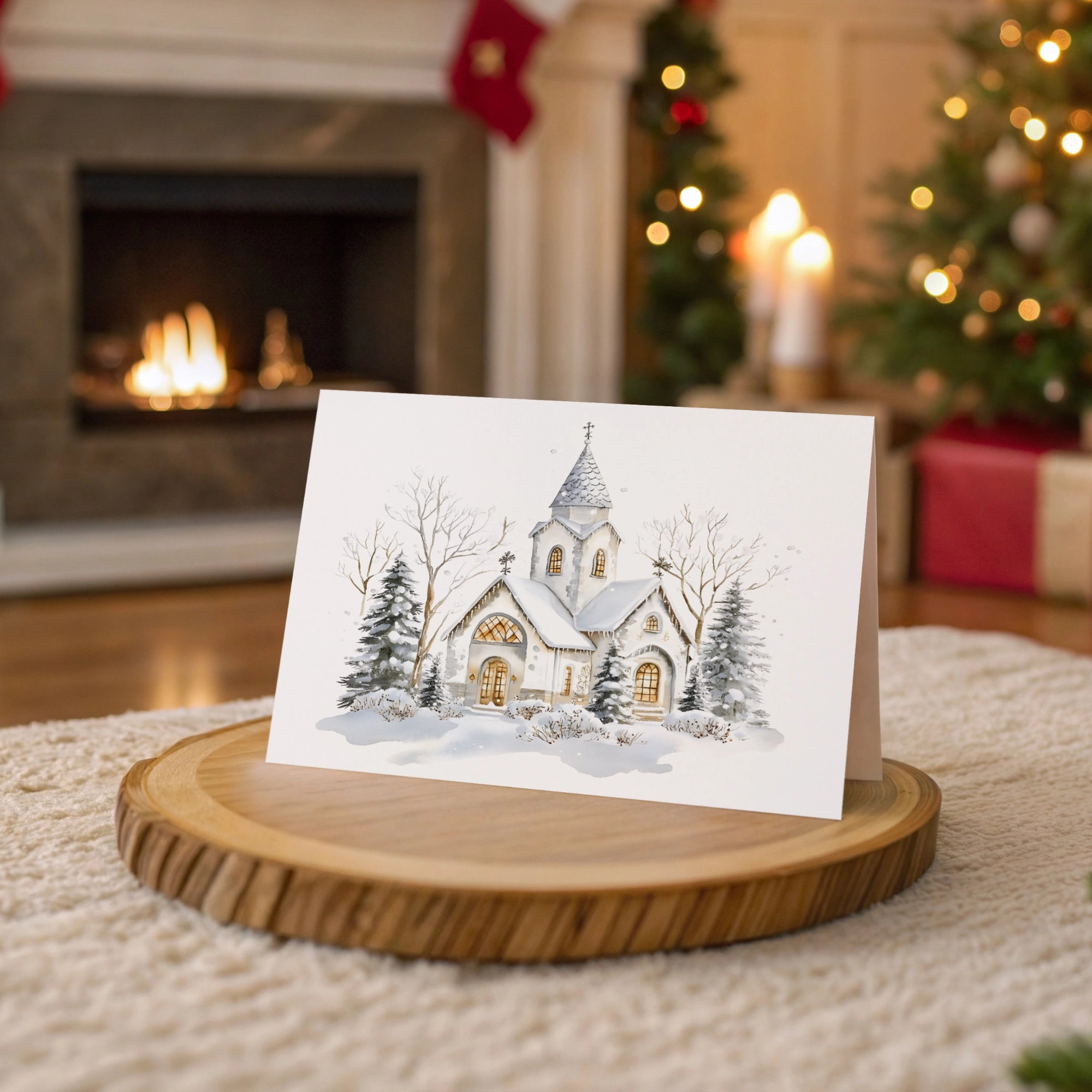 Christmas card with a snowy church scene on a wooden stand in a festive room.