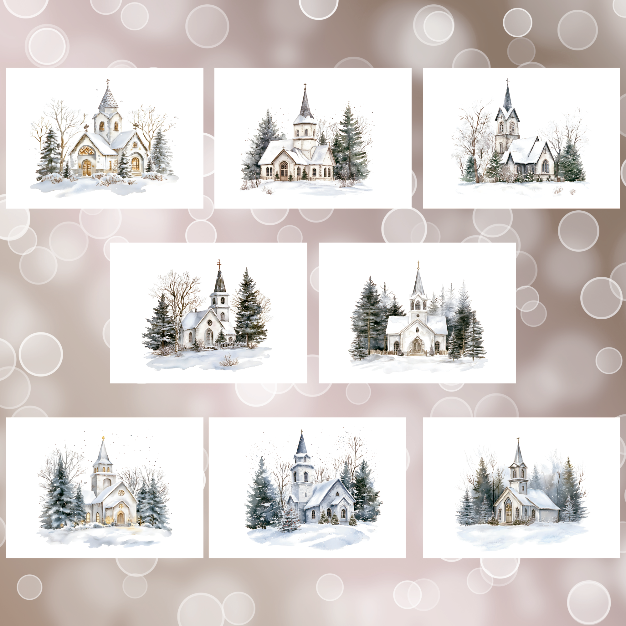 Set of six winter scene Christmas cards with churches and trees on a decorative background.