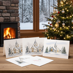 Set of Christmas cards with snowy village scenes on a wooden table in front of a fireplace and decorated Christmas tree.
