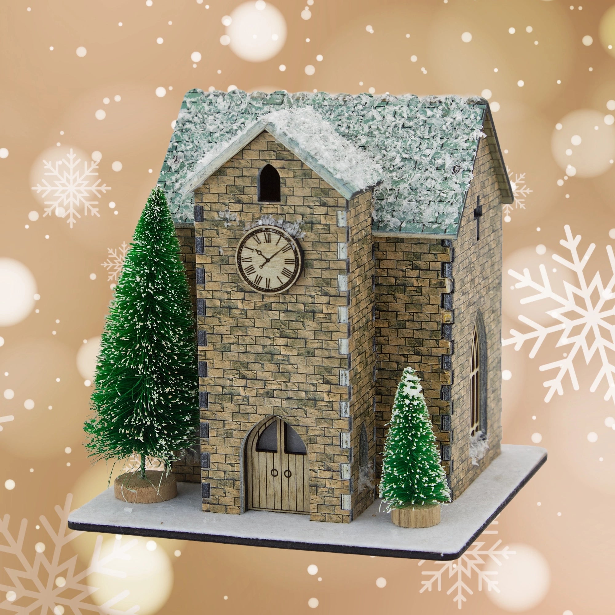 Model of a clock tower with snow on the roof, surrounded by snowflakes on a beige background.