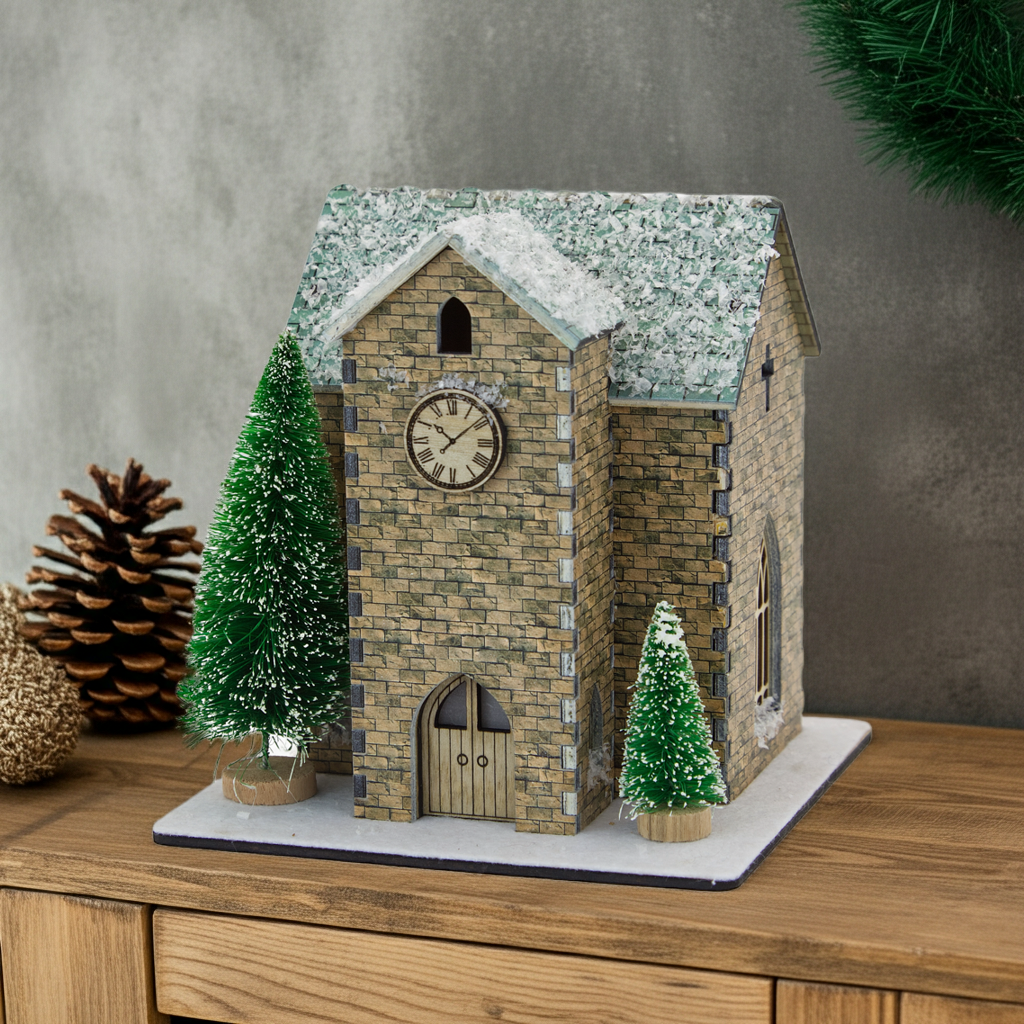 Model of a stone church with snow on the roof, surrounded by small trees and decorative elements on a wooden surface.