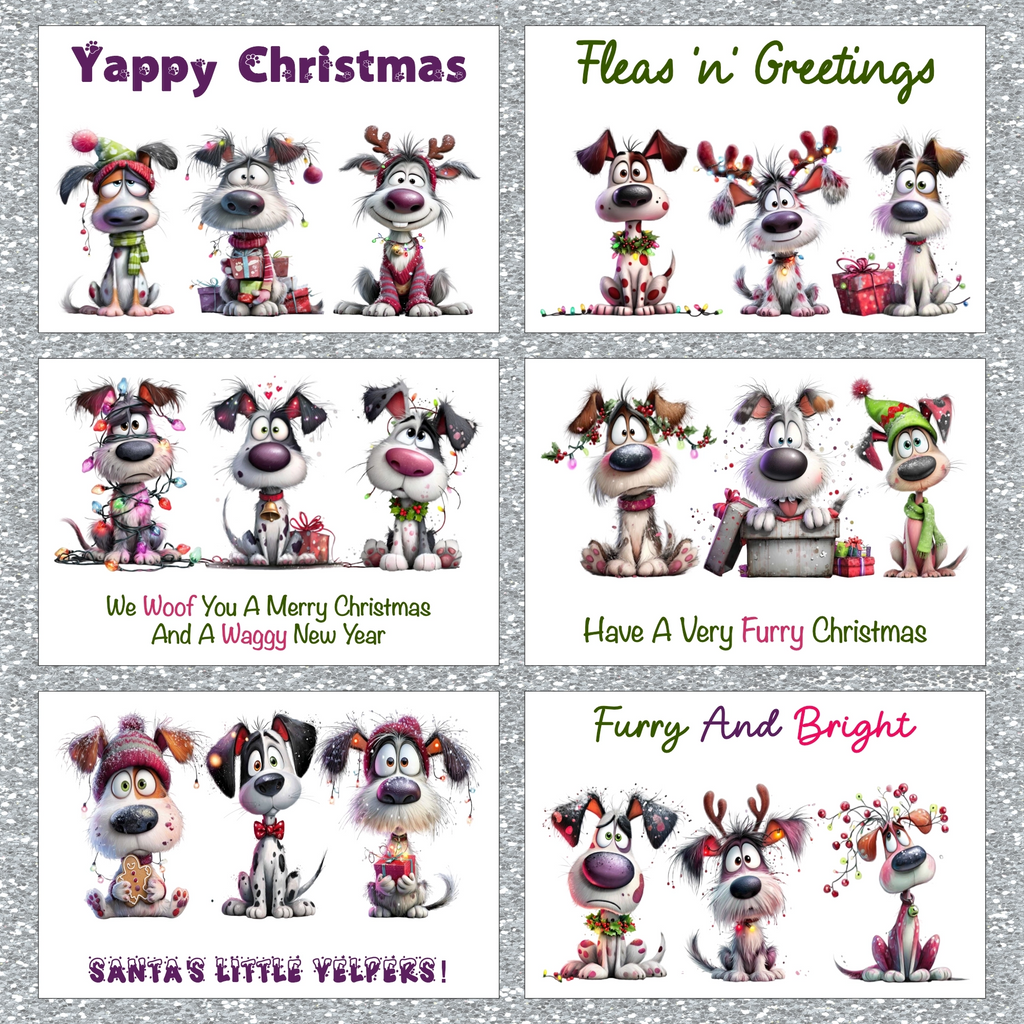 Set of Christmas cards with cartoon dogs on a glittery background