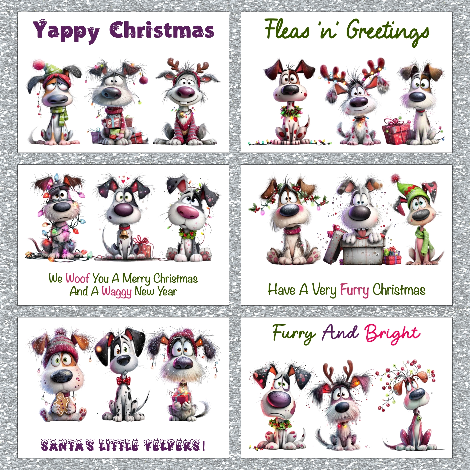 Set of Christmas cards with cartoon dogs on a glittery background