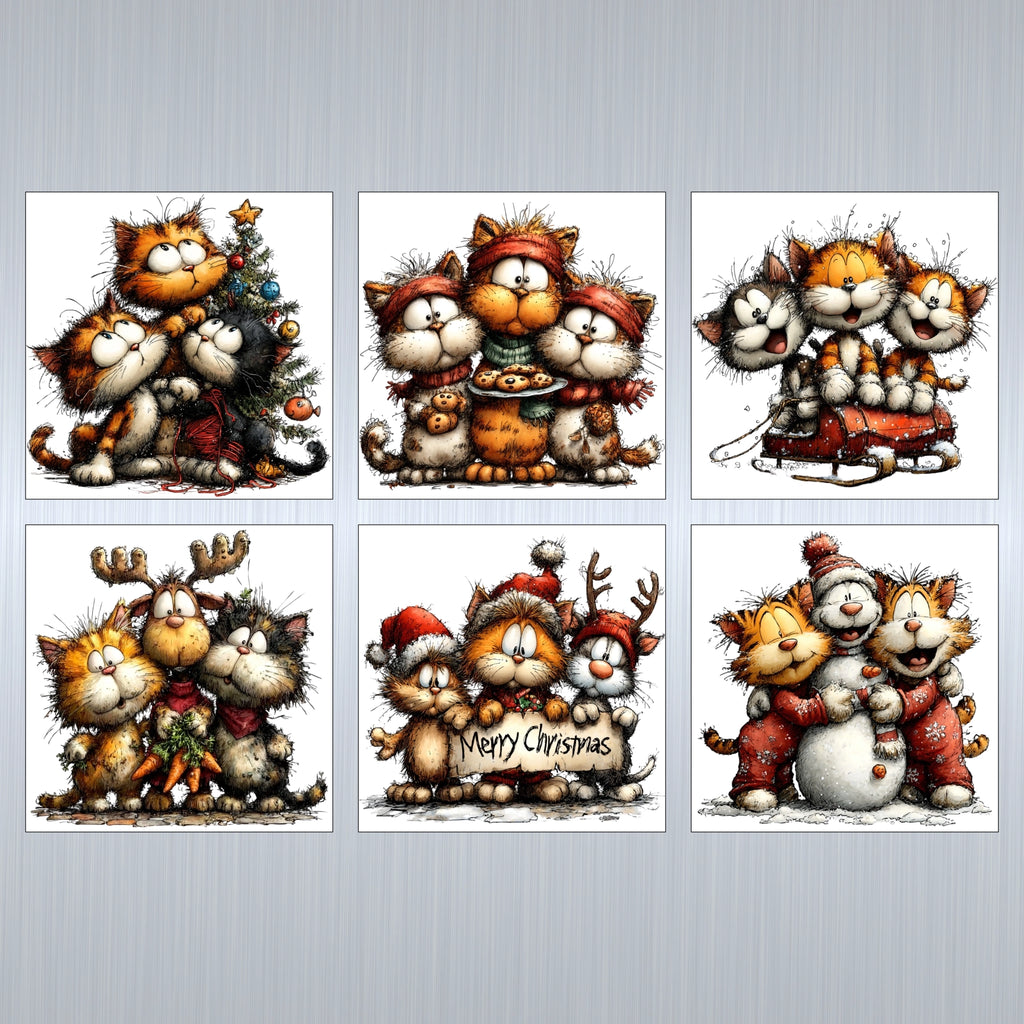 Six Christmas cards with a different humerous cat design on each one.