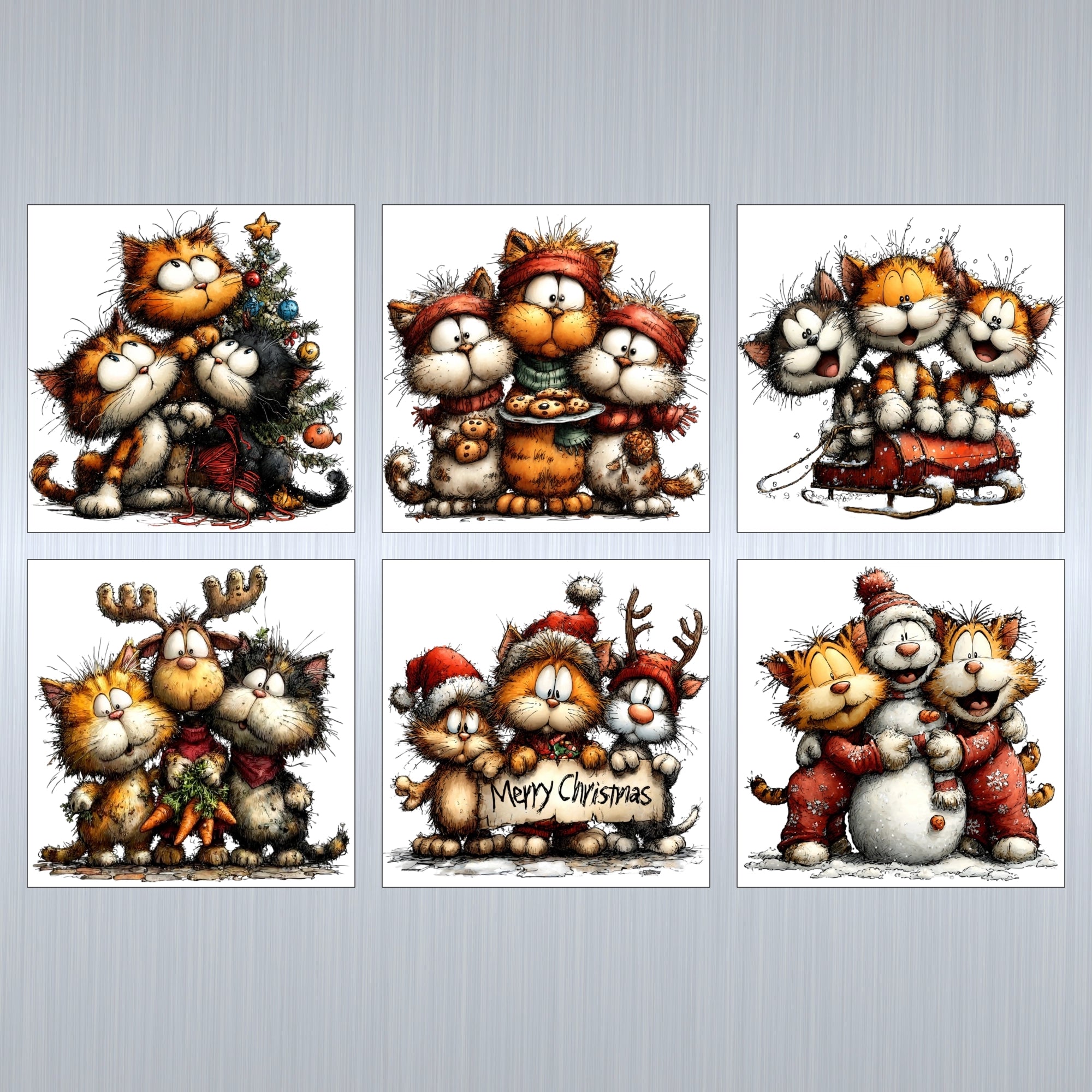 Six Christmas cards with a different humerous cat design on each one.