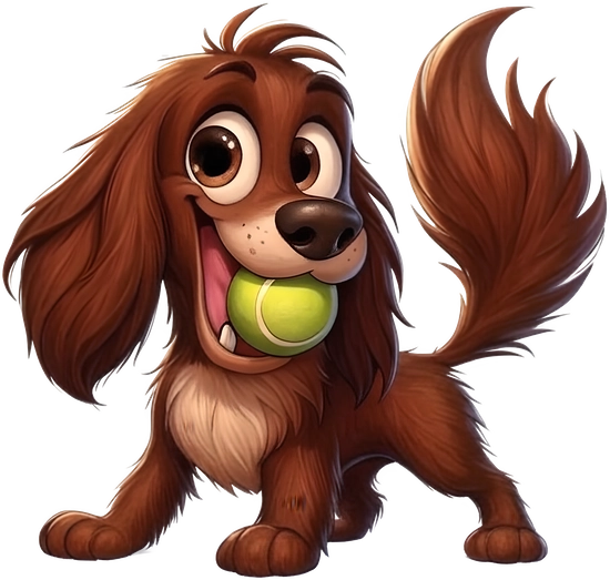 Cartoon dog with a tennis ball in its mouth on a white background
