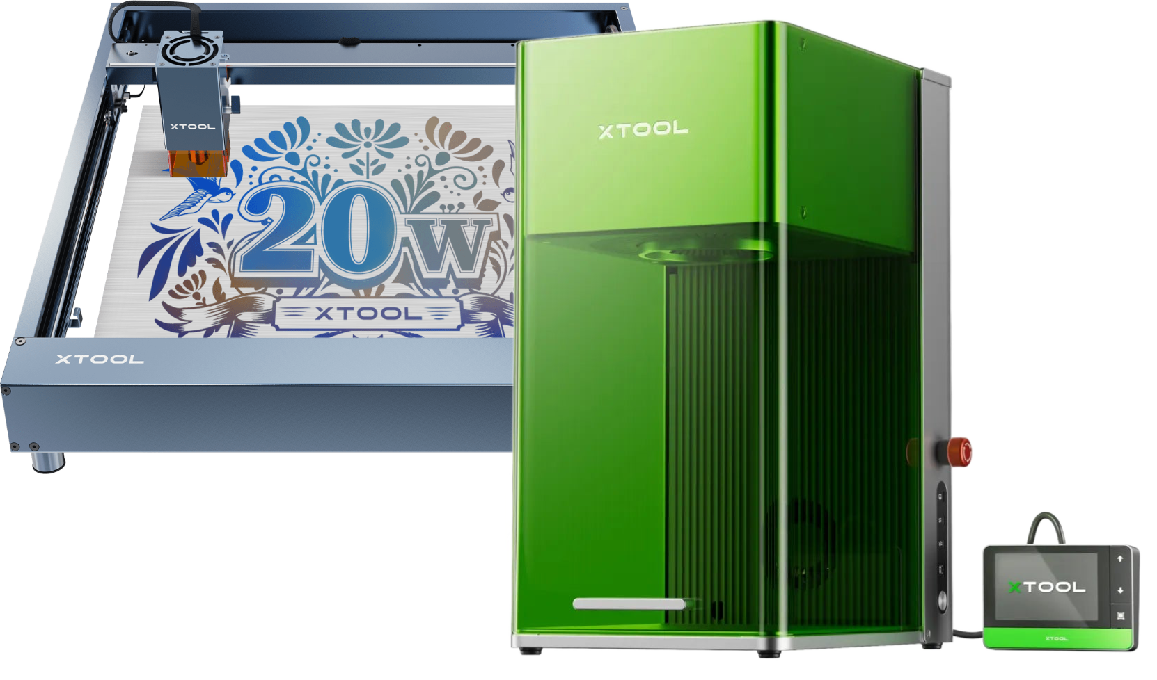 XTool laser engraving machines with green casing and '20W' label on a transparent background