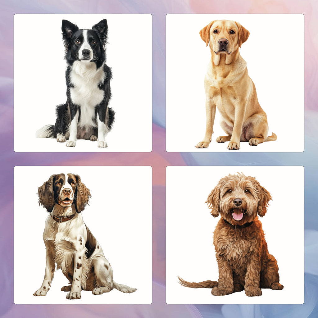Four dog coasters of different breeds on a colorful background