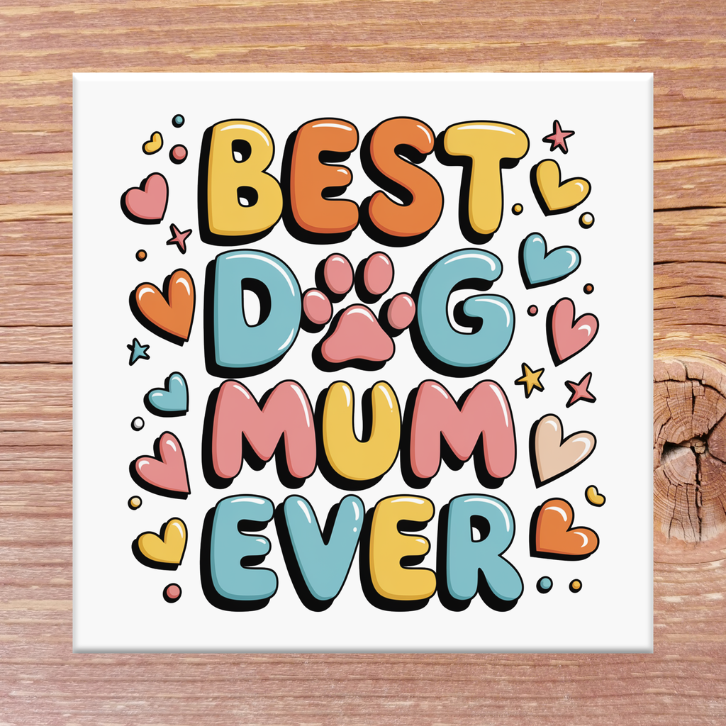 Colorful coaster with 'Best Dog Mum Ever' text on a wooden surface