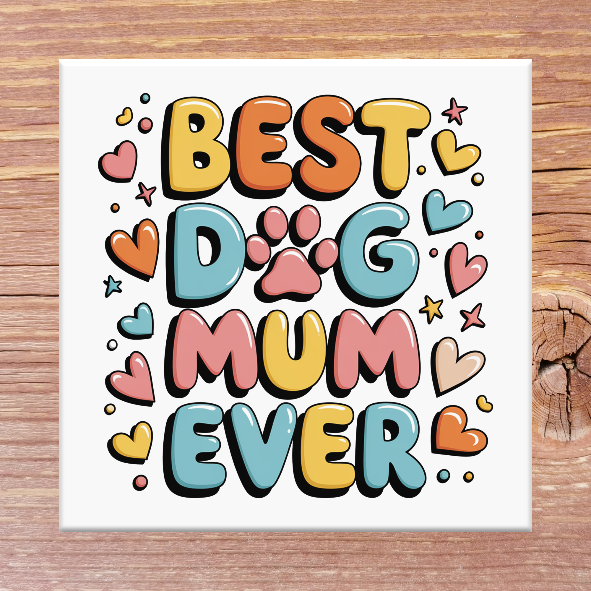 Colorful coaster with 'Best Dog Mum Ever' text on a wooden surface