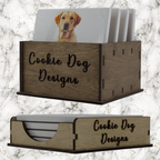 Wooden box with 'Cookie Dog Designs' branding on a marble background