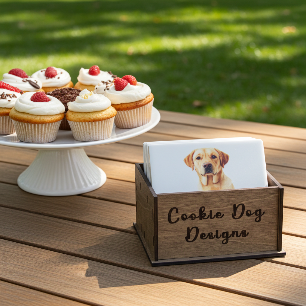Wooden box containing dog design coasters with 'Cookie Dog Designs' branding on a wooden table with cupcakes in the background.