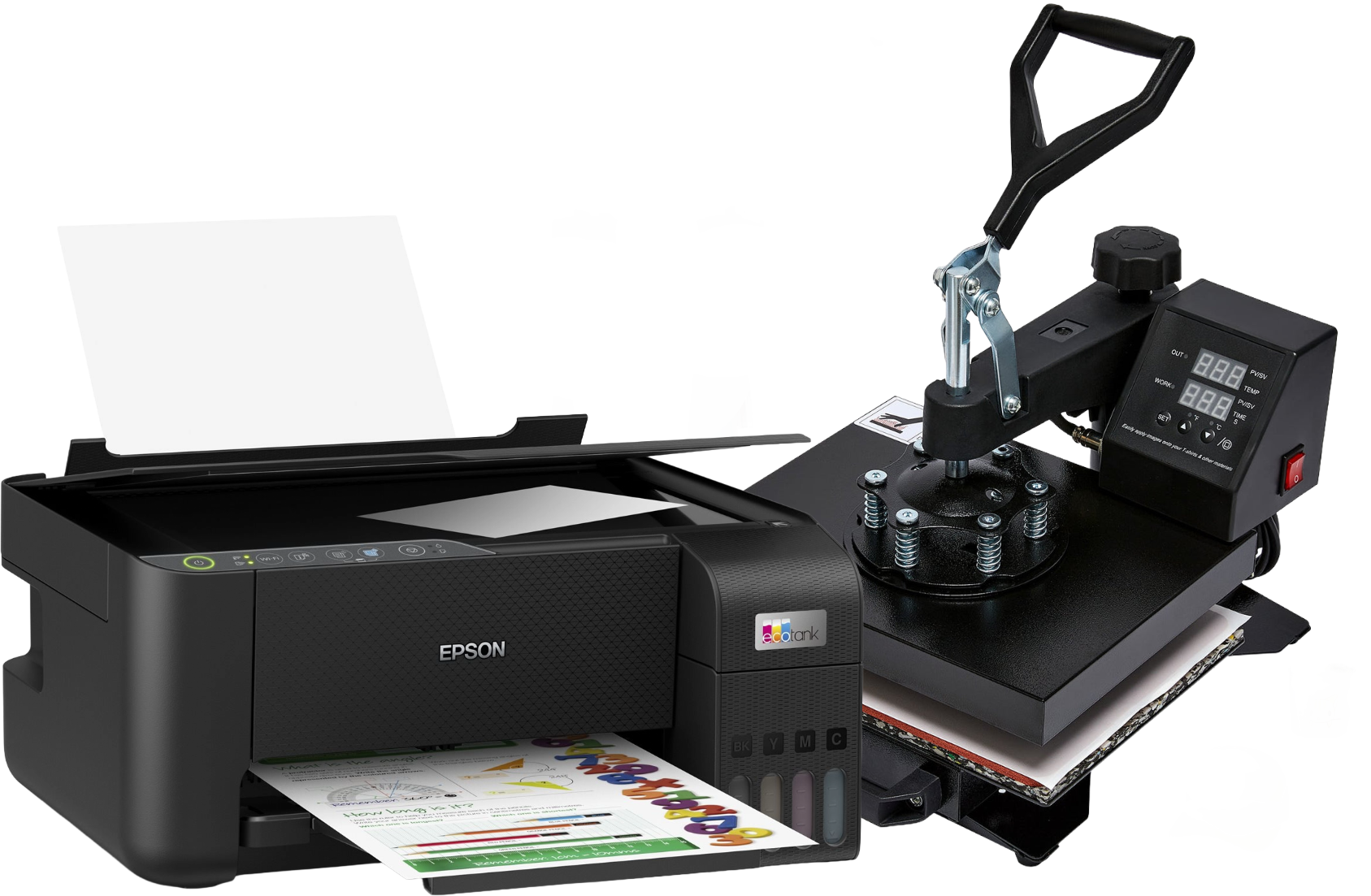 Epson printer with a heat press attachment on a transparent  background