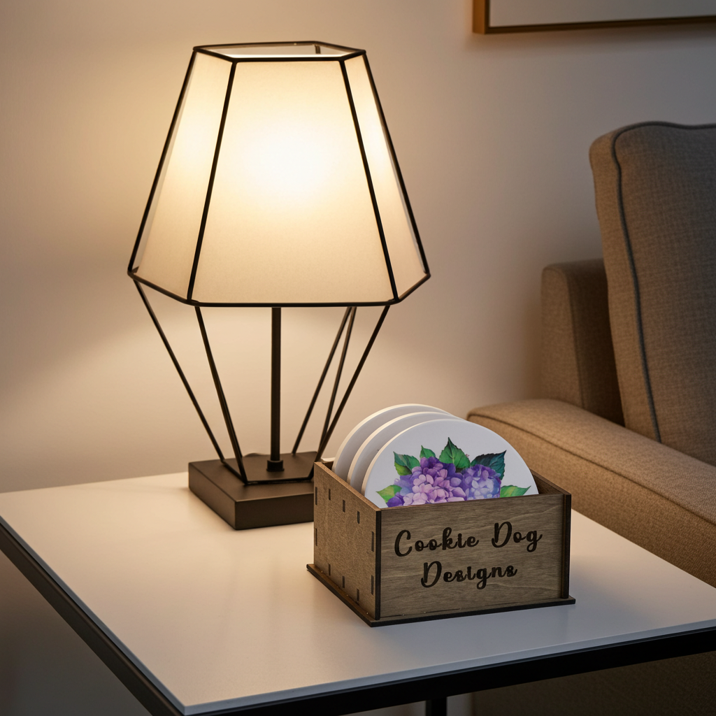 Table lamp and wooden coaster holder with 'Cookie Dog Designs' on a table.
