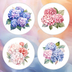 Four circular coasters with hydrangea flower designs on a gradient background