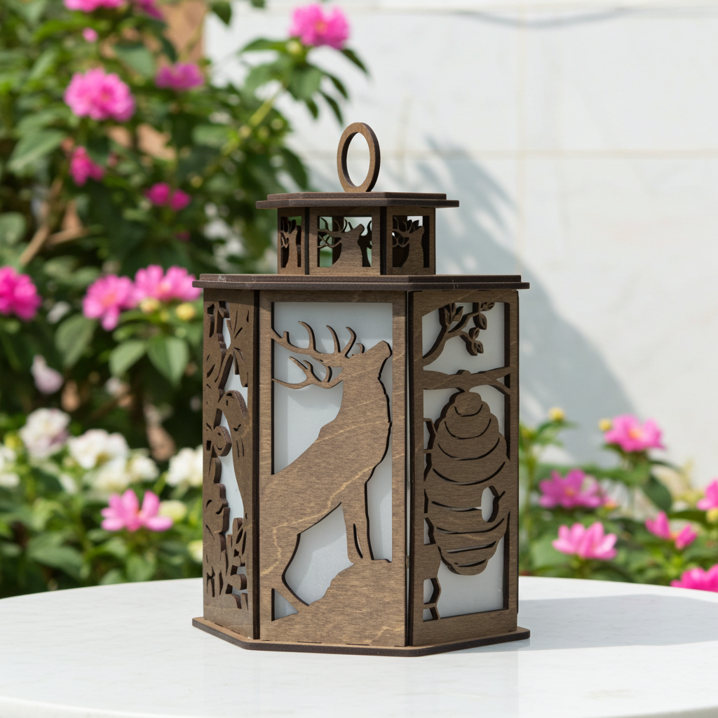 Decorative lantern with deer design on a white surface with flowers in the background