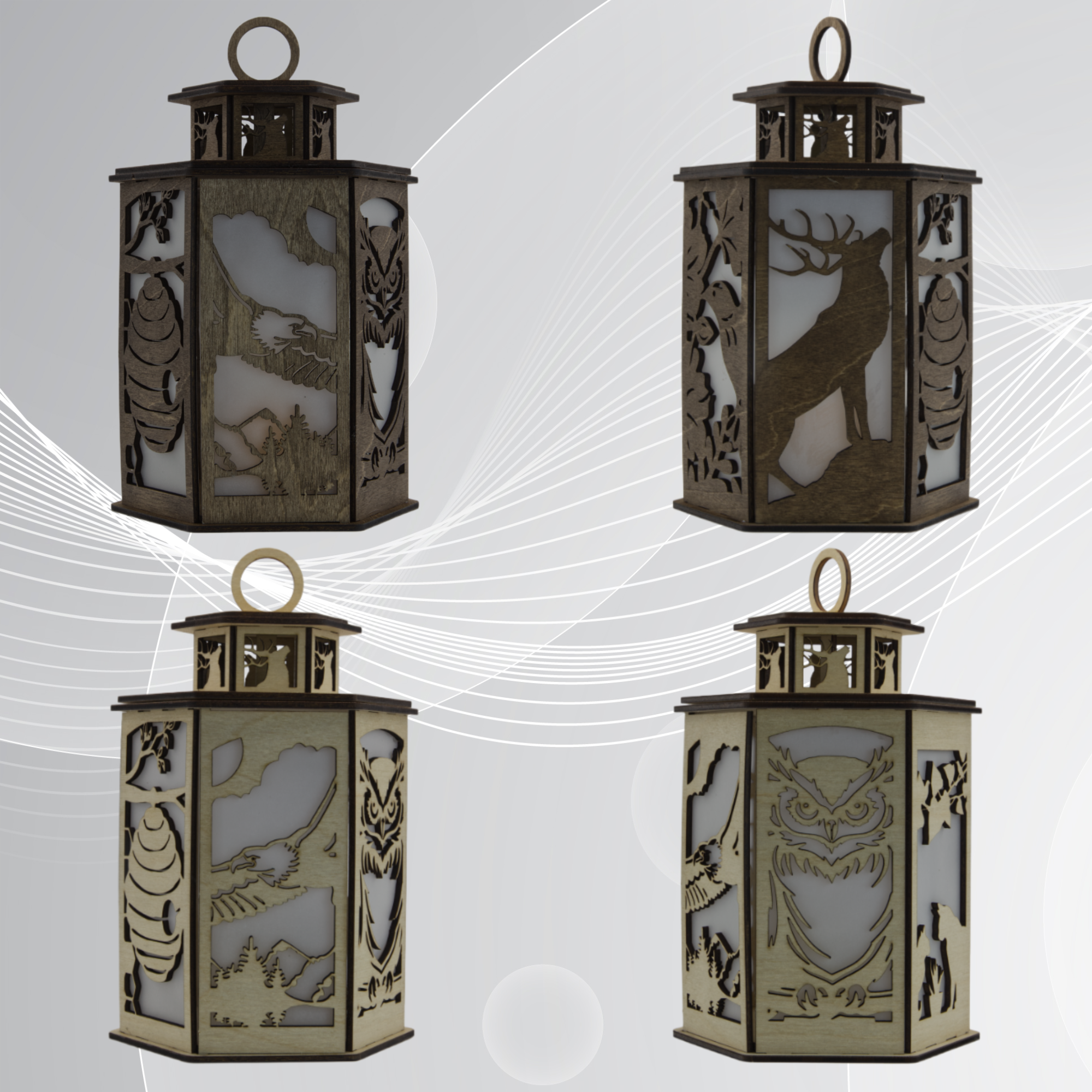Four decorative lanterns with animal cutouts on a light gray background