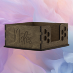 Wooden noteblock holder with 'Notes' engraving on a soft, multicolored background