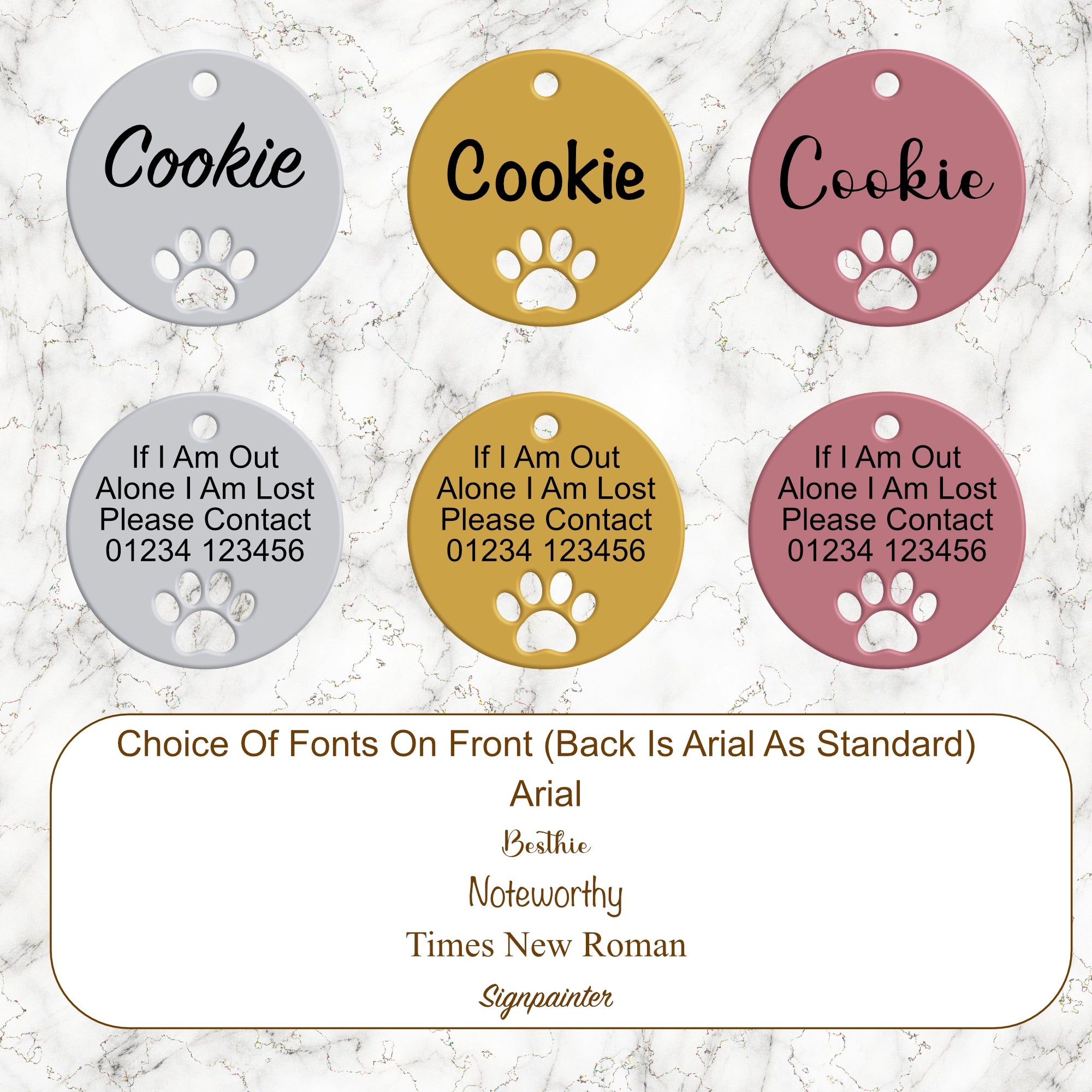 Dog tags with cutout paw print on a marble background