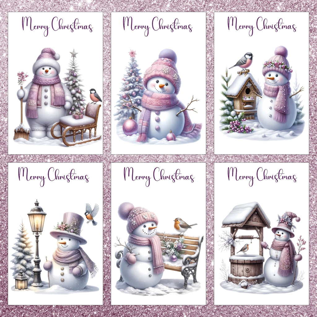 Set of six Christmas cards featuring snowmen in winter scenes with trees, benches, and lanterns.